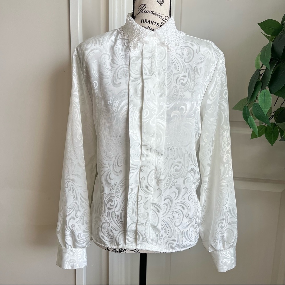 Charlotte VanHorne Vintage Printed Long Sleeve Blouse White Sz 10